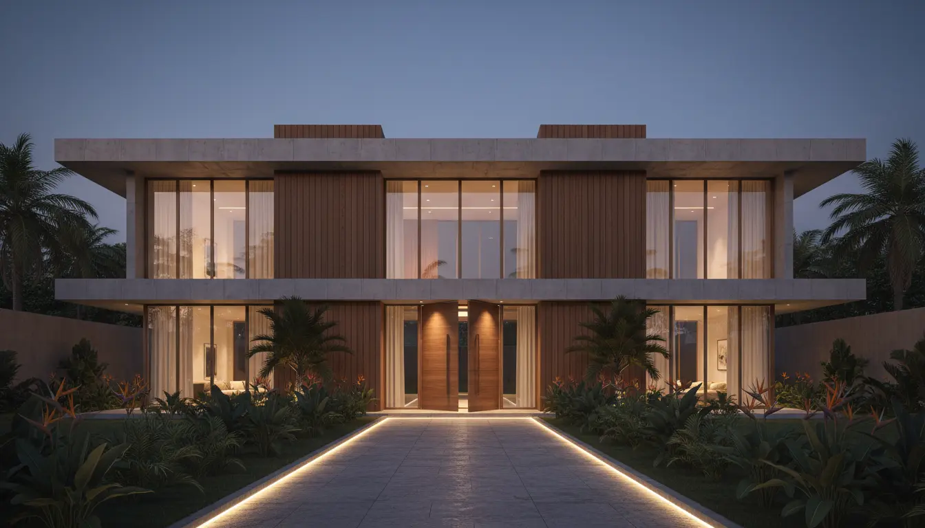 The Iroko Residence at dusk, walnut and concrete villa in Ikoyi