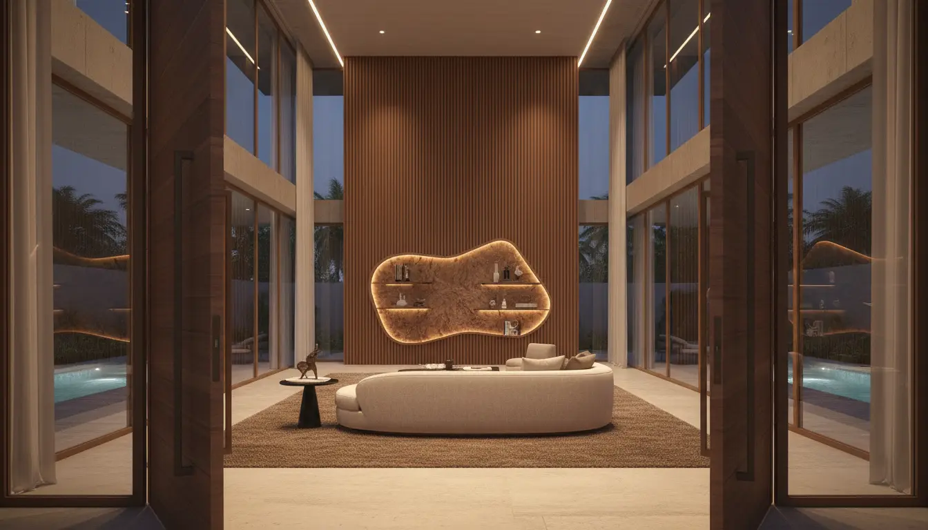 Double-height living room with a walnut feature wall and a curved cream sofa