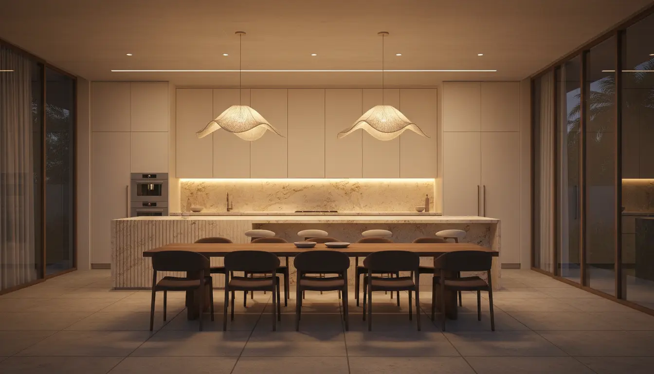 Kitchen and dining room with a travertine island and sculptural pendant lamps