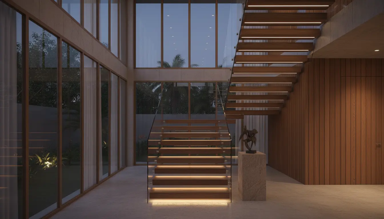 Floating walnut staircase beside a double-height window wall
