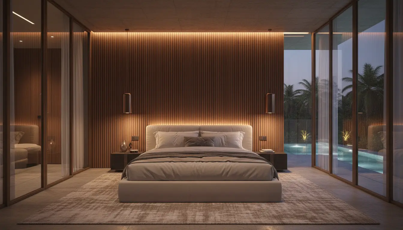 Master bedroom with a fluted walnut headboard wall and pool views